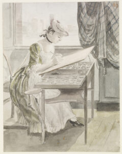 Paul Sandby, Malująca dama (Malarka amatorka), ok. 1770; ołówek, akwarela na papierze, 19,4 x 15,2 cm. Kolekcja królowej Elżbiety II.